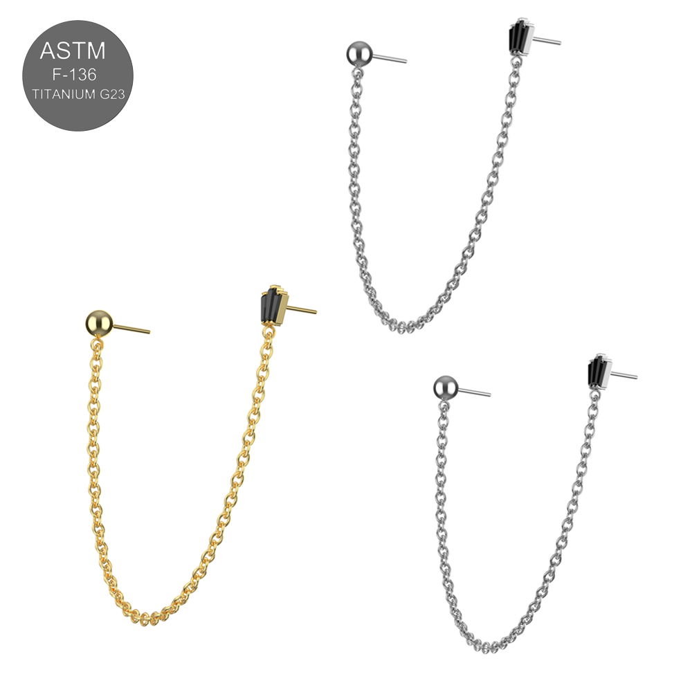 G23 Titanium CZ Round and Crown Double Stud with Chain Fancy Design Thread-less Push-Fit Top - Monster Piercing