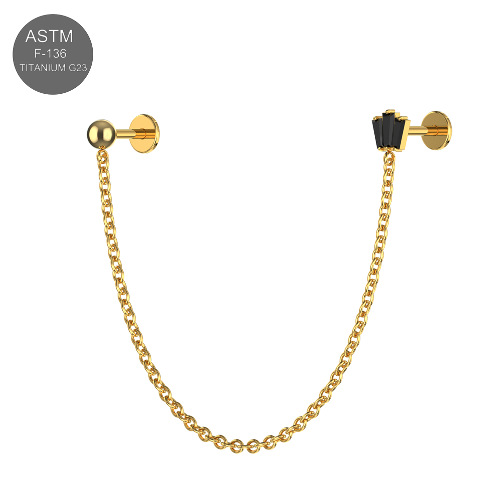 G23 Titanium CZ Round and Crown Double Stud with Chain Fancy Design Thread-less Push-Fit With Flatback Stud - Monster Piercing