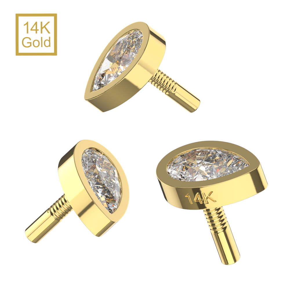 14K Gold Internal Thread Bezel Set Teardrop CZ Top - Monster Piercing