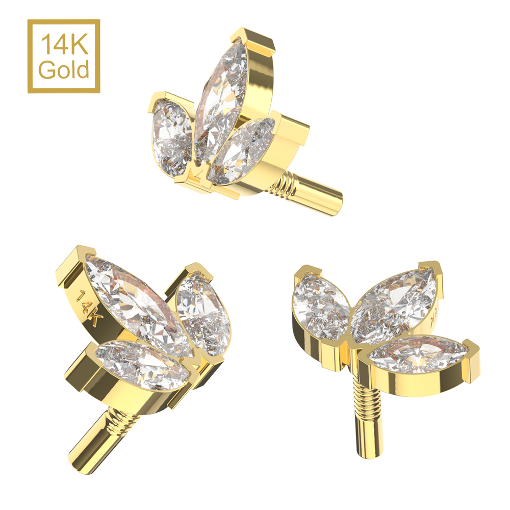 Multiple angles of 14K Gold Internal Thread Marquise CZ Crown Top highlighting the intricate setting and brilliance of the CZ stones.