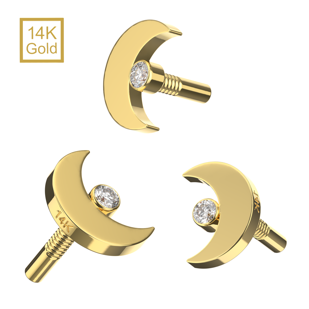 14K Gold Internal Thread Cubic Zirconia Jewelled Crescent Top - Monster Piercing
