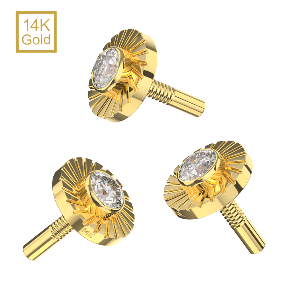 14K Gold Internal Thread CZ Jeweled Laser Cut Button Top - Monster Piercing