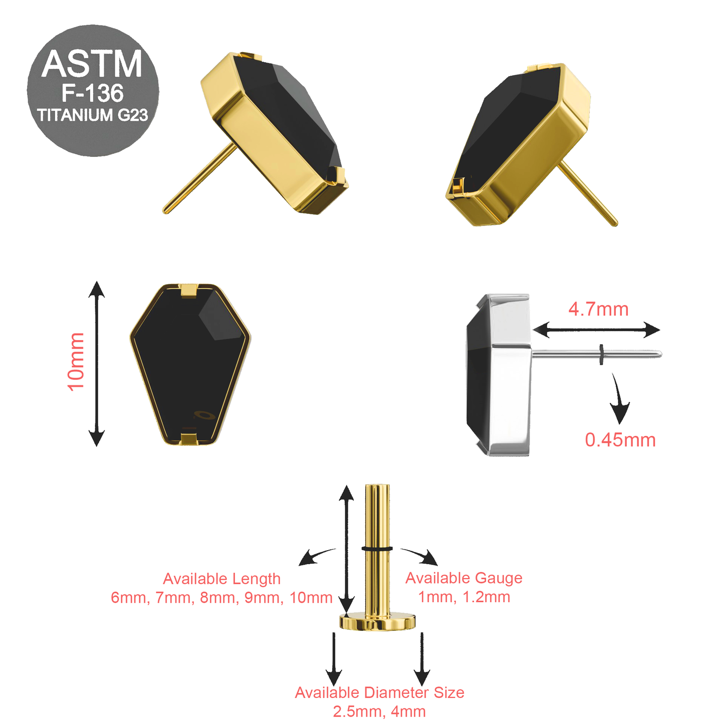 CZ Coffin Flatback Stud – G23 Titanium size chart with black gemstone. Includes dimensions, gauge, and diameter options for body jewelry fit.