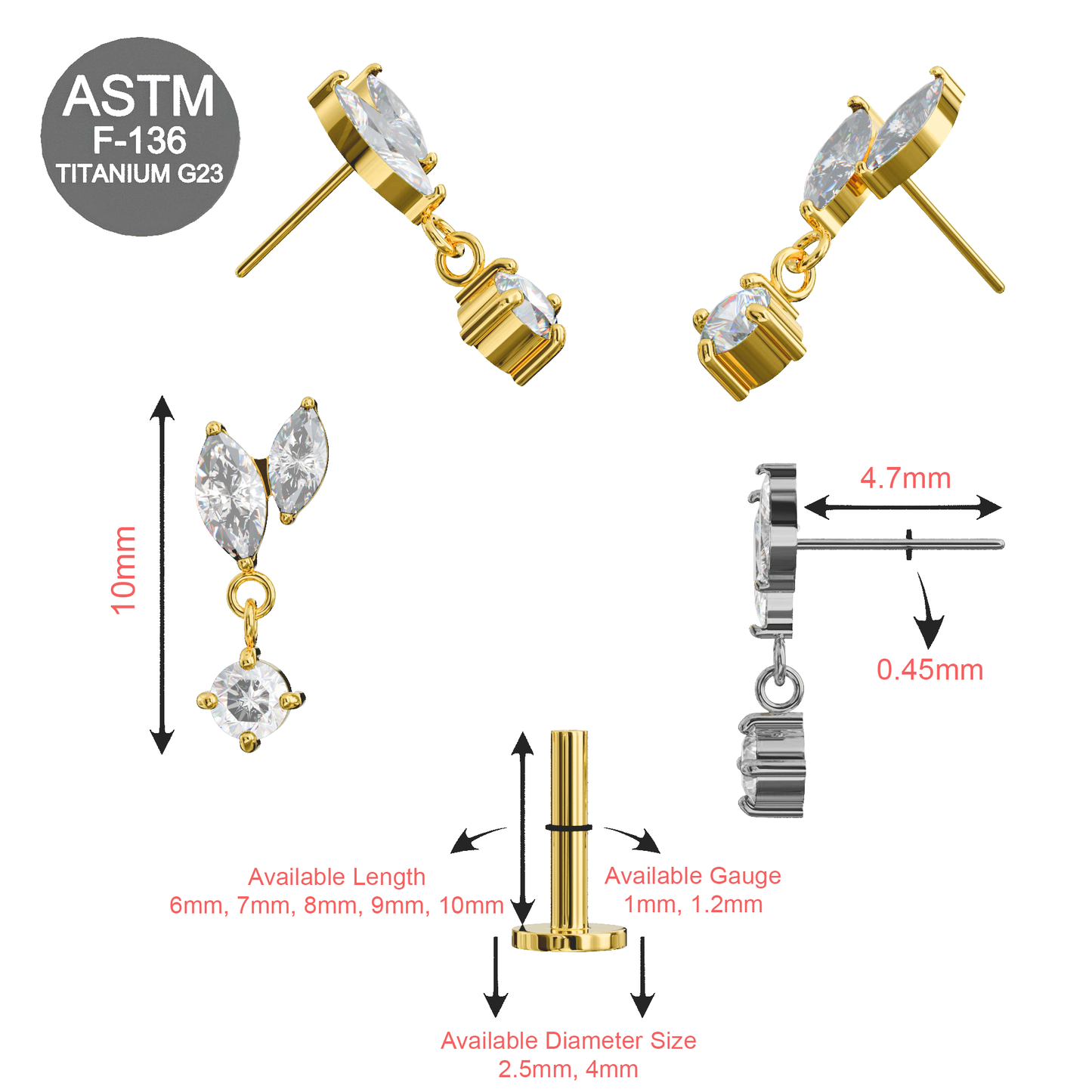 Detailed specs of Luxury Leaf Drop Flatback in gold G23 titanium with CZ stones. Includes size, gauge, and ASTM F-136 titanium certification.