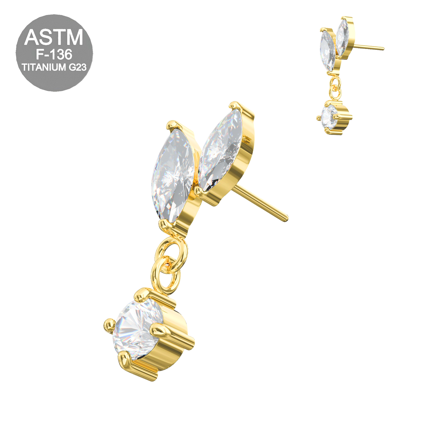 G23 Titanium Marquise CZ Leaf Drop Threadless Top in gold