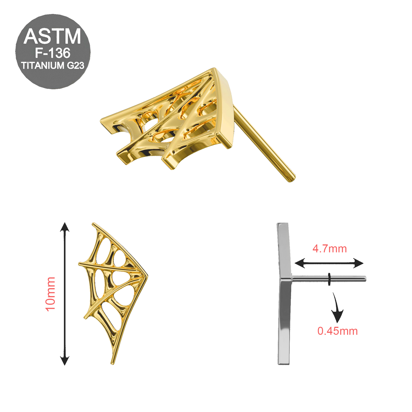Gold spider web piercing top with ASTM F-136 G23 titanium label and size dimensions. Hypoallergenic and secure push-fit jewelry.