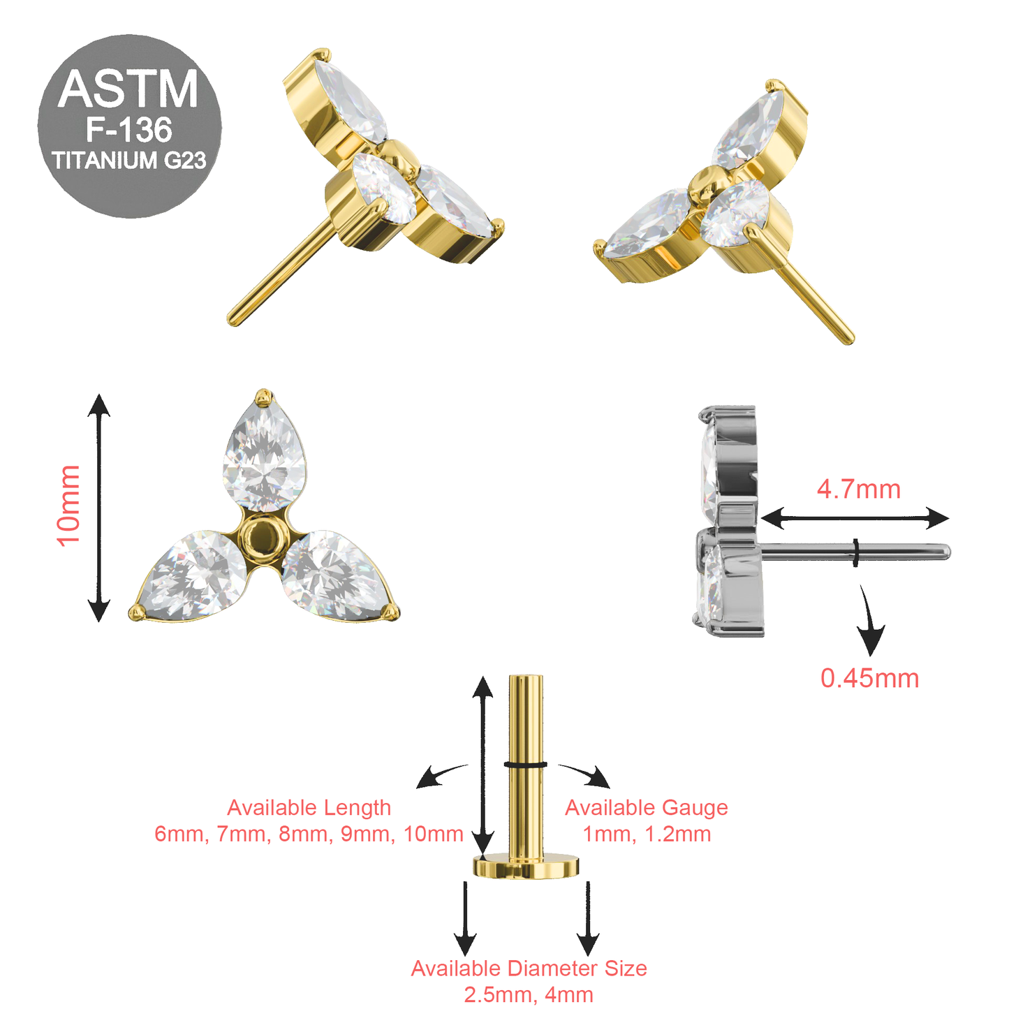 Detailed dimensions of G23 Titanium Triple CZ Flower Stud showing available lengths, gauges, and sizes for precise body jewelry fitting.