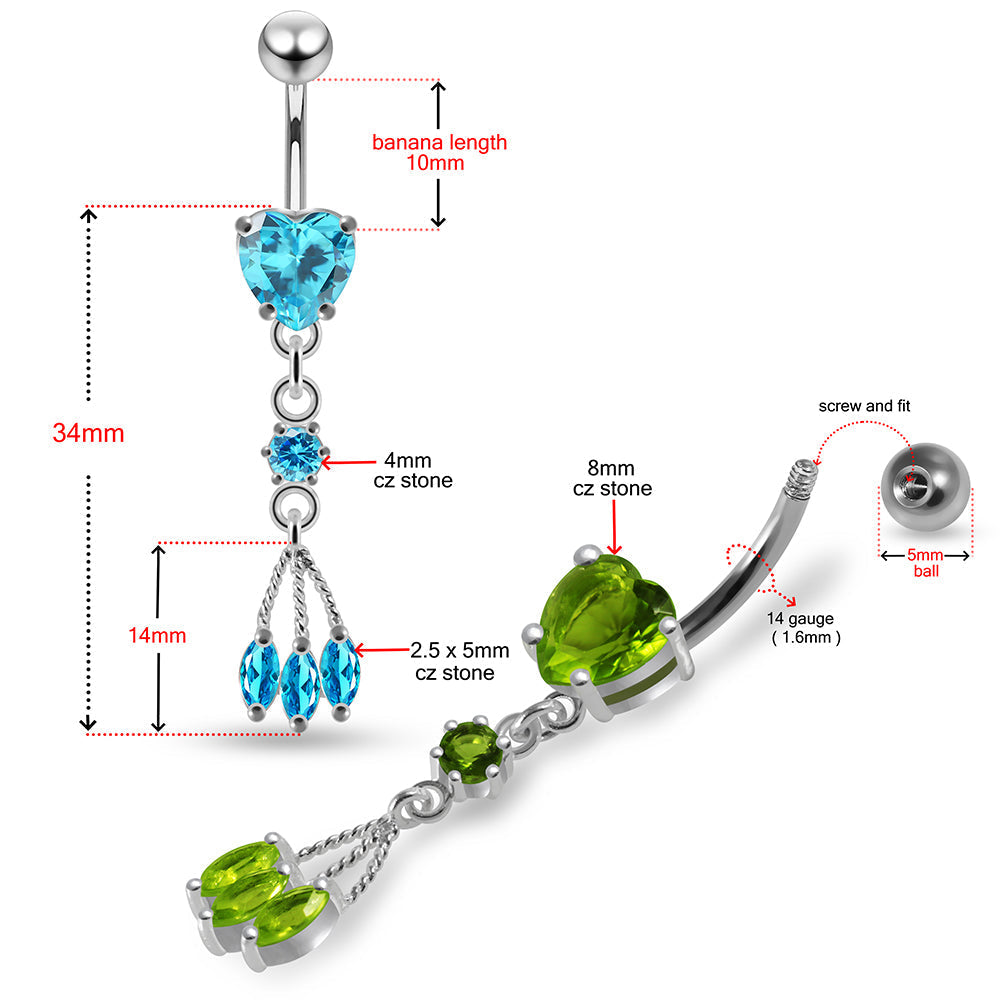 Sterling Silver Heart Belly Ring – Elegant Shine with green and aqua CZ stones, detailed size guide for perfect fit and comfort.