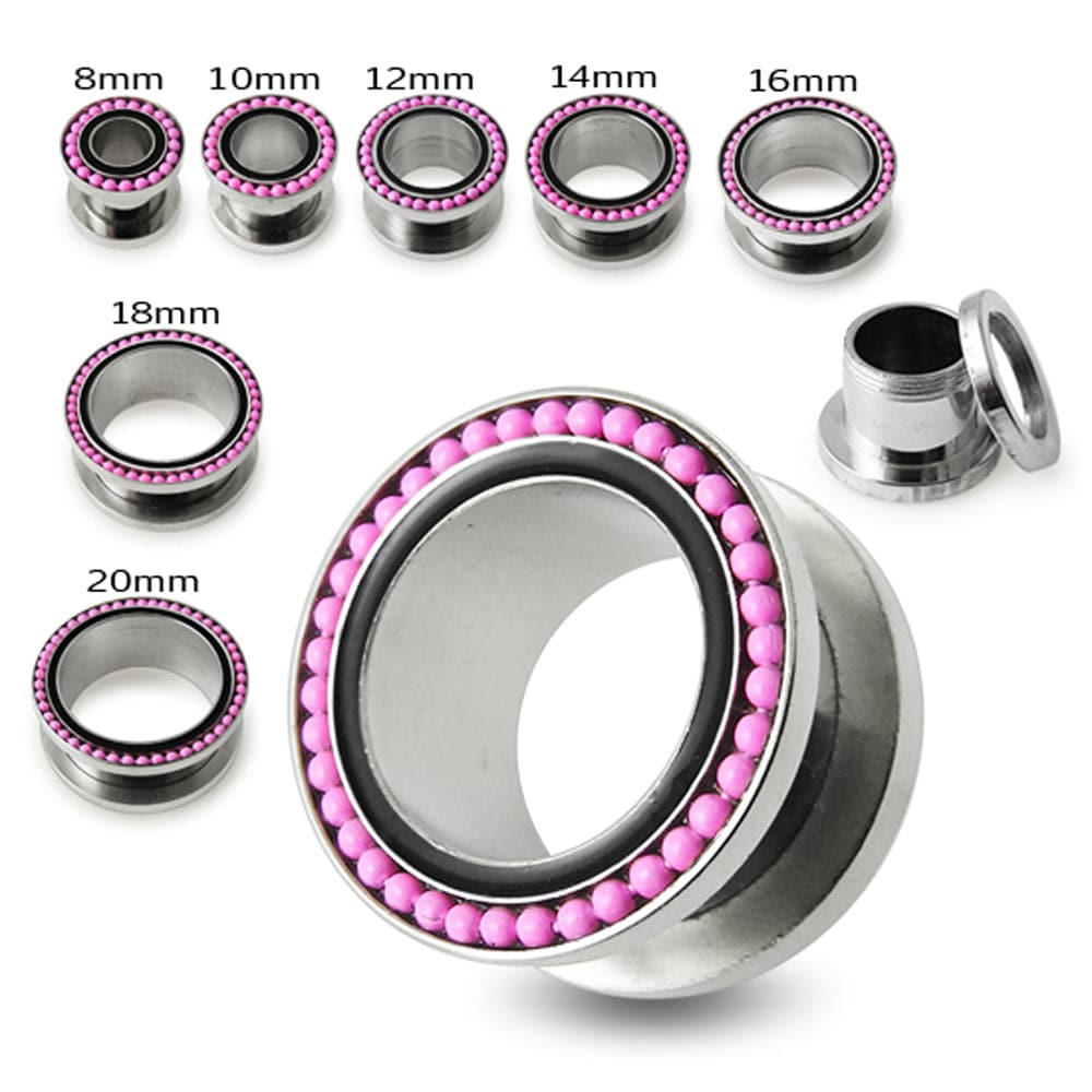 316L Surgical Steel With Pink Ball Black Edge Top Flesh Tunnel - Monster Piercing