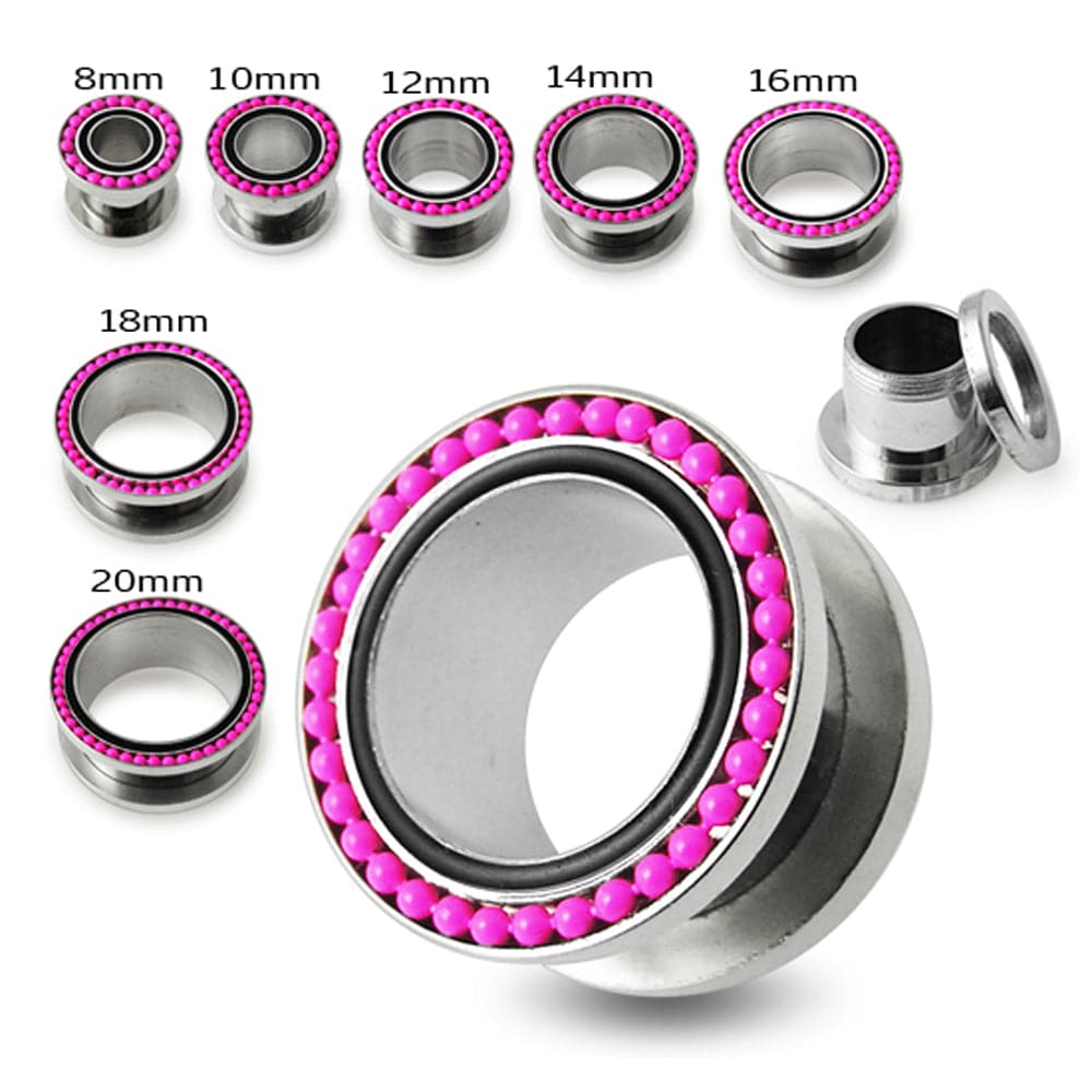 316L Surgical Steel With Hot Pink Ball Black Edge Top Flesh Tunnel - Monster Piercing