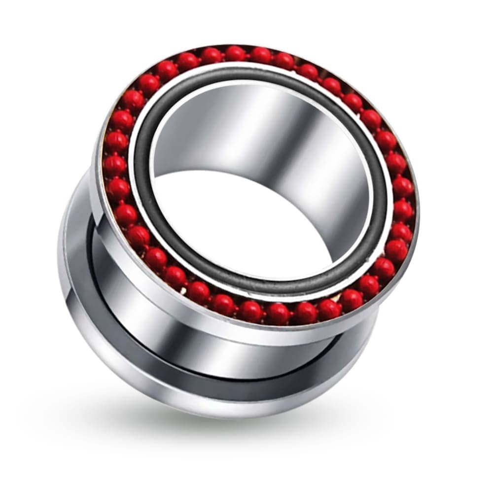 316L Surgical Steel With Red Ball Edge Top Flesh Tunnel - Monster Piercing