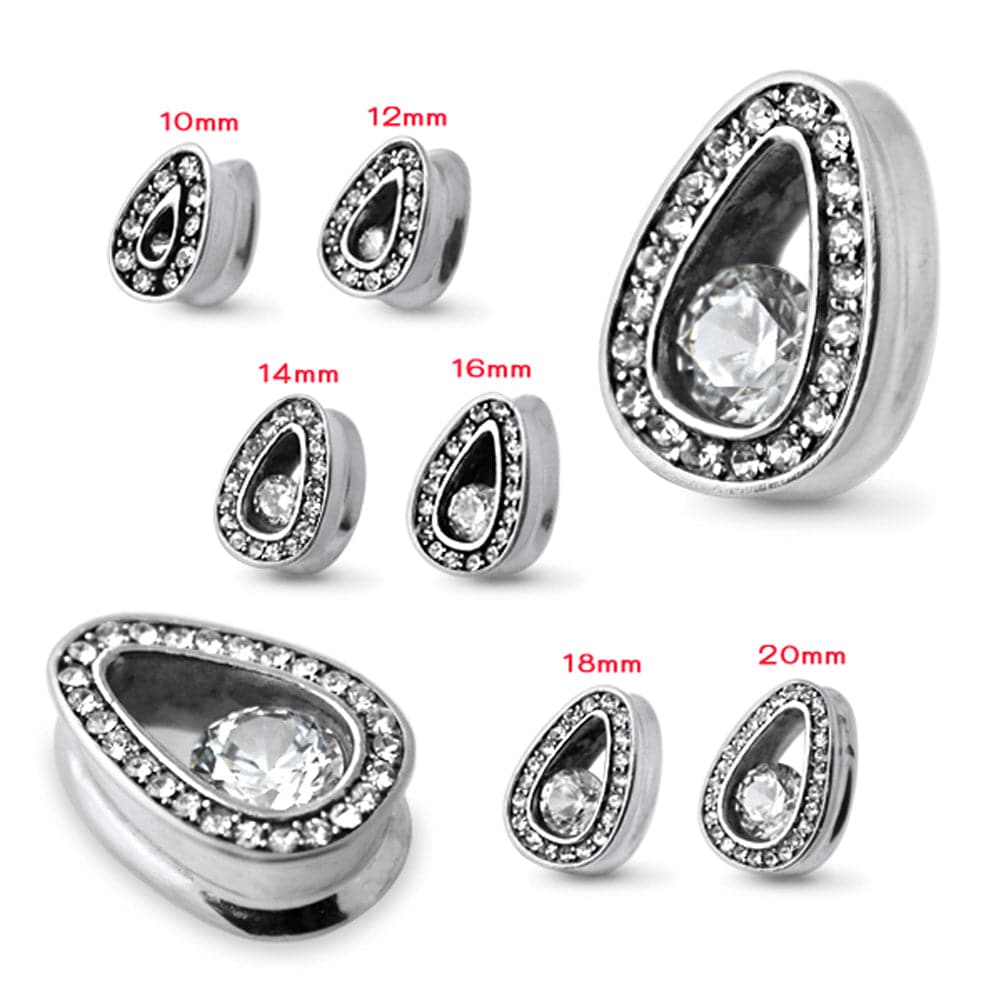316L Surgical Steel Clear CZ Jewelled Tear Drop Ear Plug - Monster Piercing