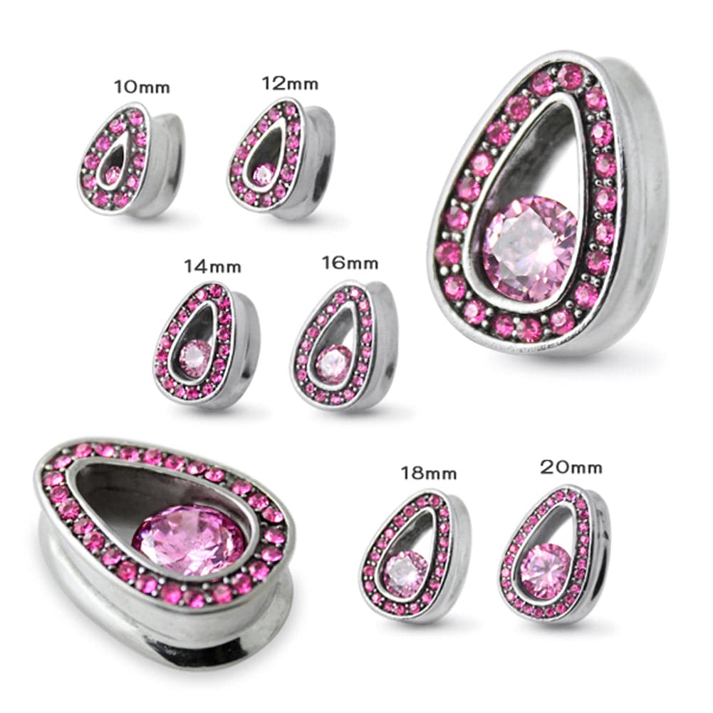 316L Surgical Steel Pink Jewelled Tear Drop Ear Plug - Monster Piercing