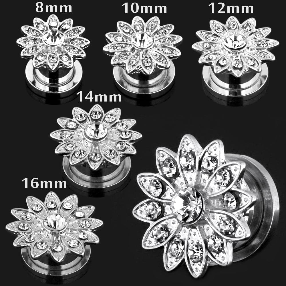 316L Surgical Steel Flower with Micro Jewelled CZ Stone Ear Flesh Tunnel - Monster Piercing