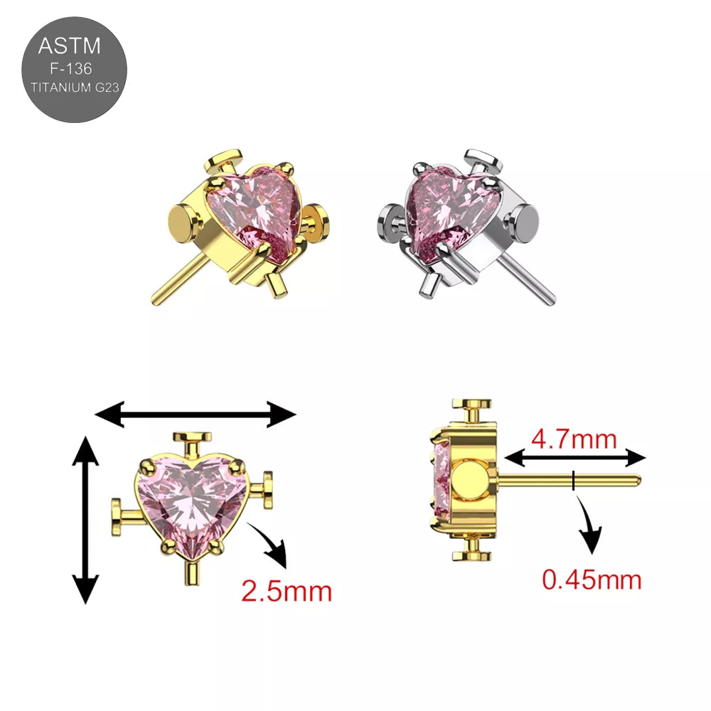 Detailed dimensions of G23 Titanium Pink Heart Threadless Labret Accessory Top in silver and gold, showing 2.5mm width and 4.7mm height.