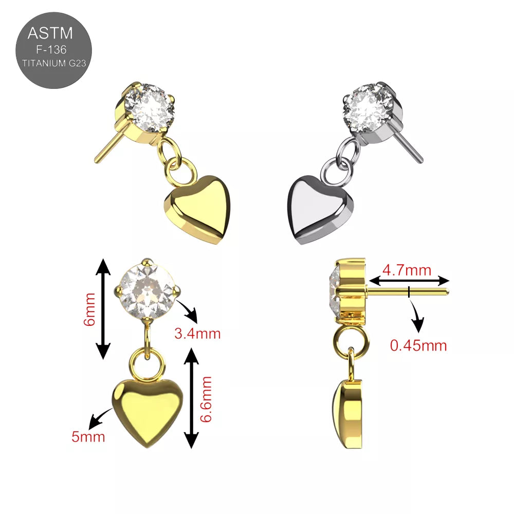 Size chart of G23 Titanium Dangling Heart Charm with CZ in gold and silver, showing dimensions and threadless design.