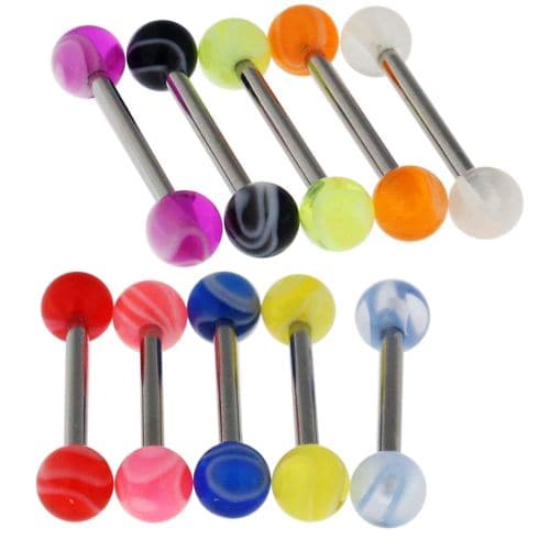 316L Surgical Steel Tongue Barbell with Neon Marble UV Balls (Pack of 10) - Monster Piercing