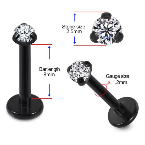 316L Surgical Steel Round Stone Jewelled Top Black Anodised Labret Bar - Monster Piercing