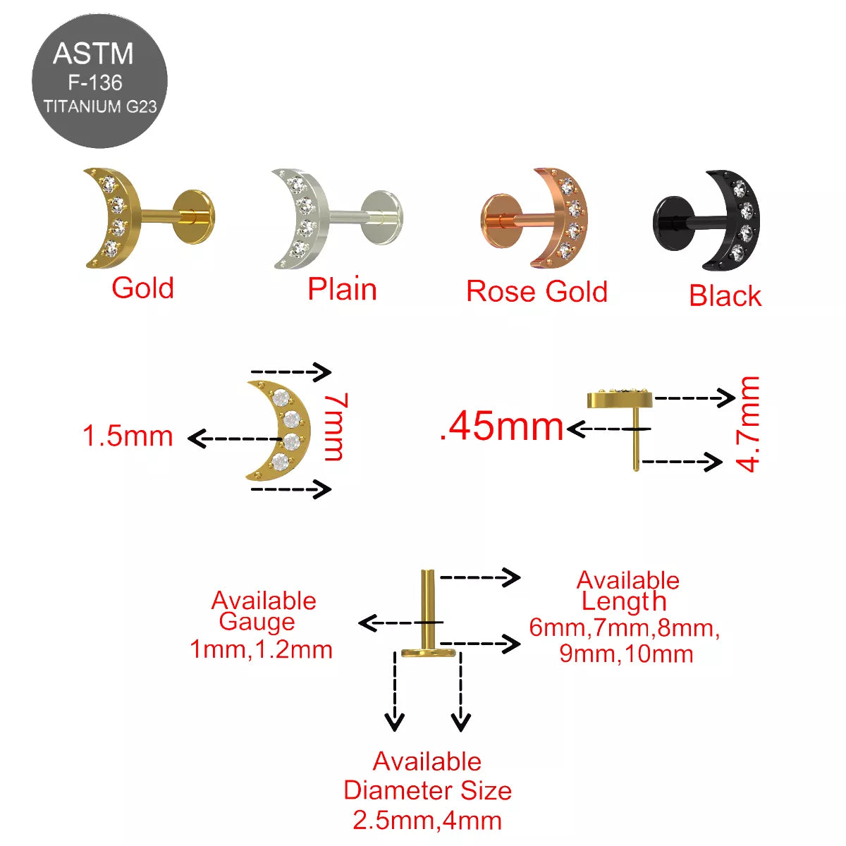 G23 Titanium CZ Studded Crescent Threadless Push-Fit Labret - Monster Piercing