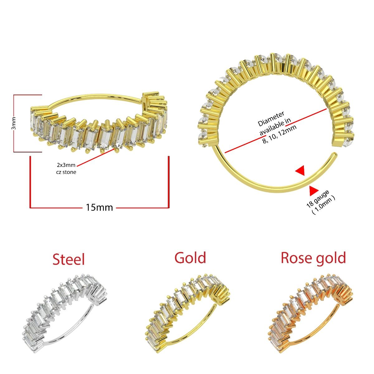 316L Surgical Steel Baguette CZ's Jewelled Bendable Cartilage Hoop - Monster Piercing