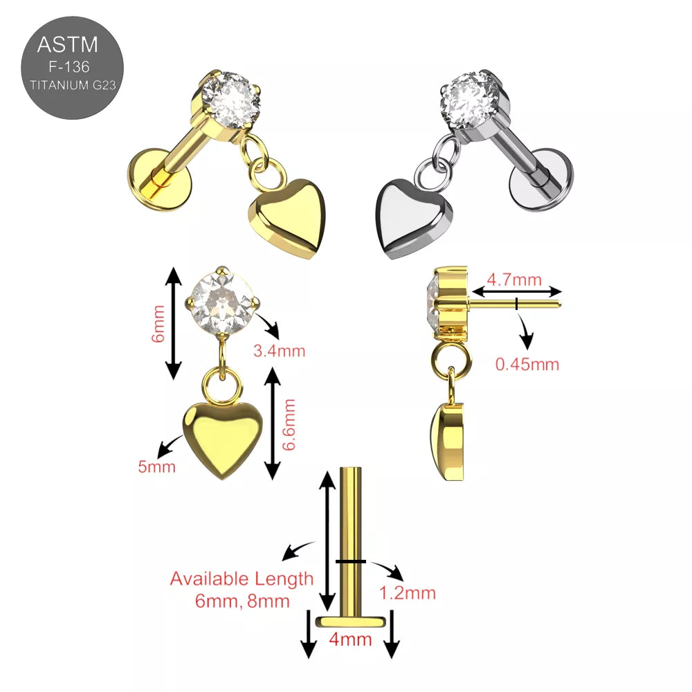 Size chart of G23 titanium CZ threadless studs with heart charms in gold and silver, showing dimensions and available lengths.