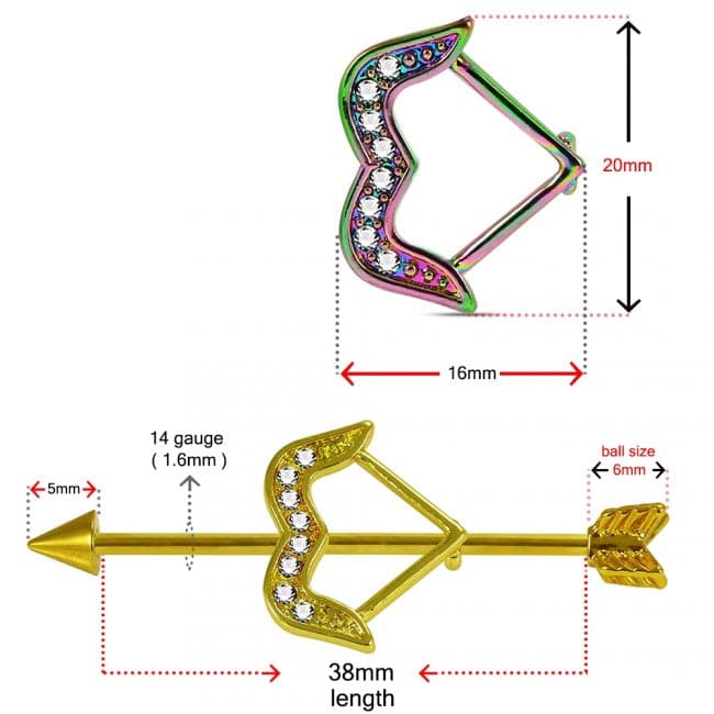 316L Surgical Steel With Anodised Arrow CZ Dazzling Bow Industrial Barbell - Monster Piercing