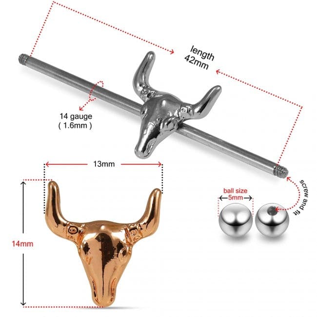 316L Surgical Steel Industrial Barbell With Bull Head - Monster Piercing