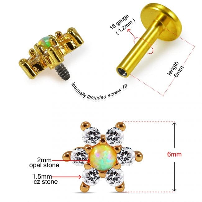 316L Surgical Steel Opal Center Flower Prong Set 6 CZ Cartilage Stud - Monster Piercing