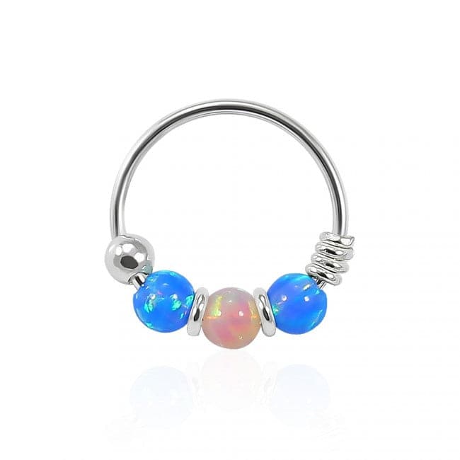 925 Sterling Silver Dark Blue with Pink Opal Bead in Center Nose Hoop Ring - Monster Piercing