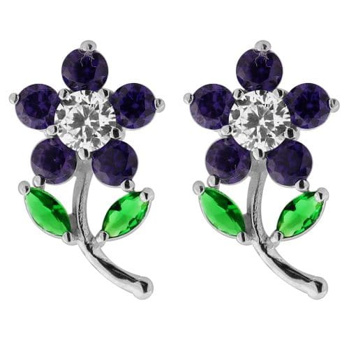 925 Sterling Silver Jewelled Daisy with Leaf Ear Stud - Monster Piercing