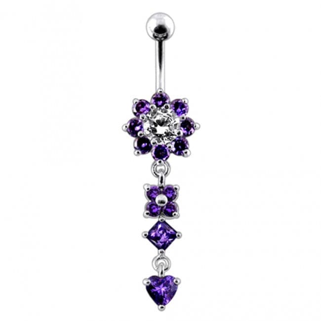 925 Sterling Silver Flower Jewelled Dangling 316L SS Curved Belly Ring - Monster Piercing