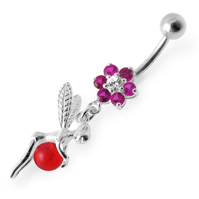 925 Sterling Silver Angel Flower & Ball Jewelled Belly Ring - Monster Piercing