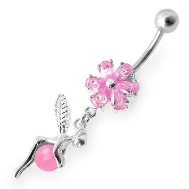 925 Sterling Silver Daisy Angel & Ball Jewelled Belly Ring - Monster Piercing
