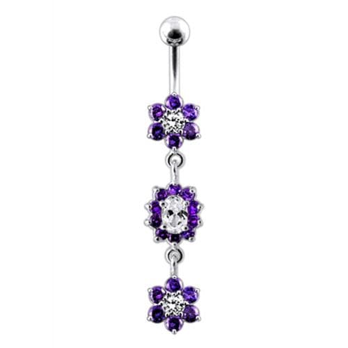 925 Sterling Silver Triple Flowers Jewelled Dangling Belly Ring - Monster Piercing