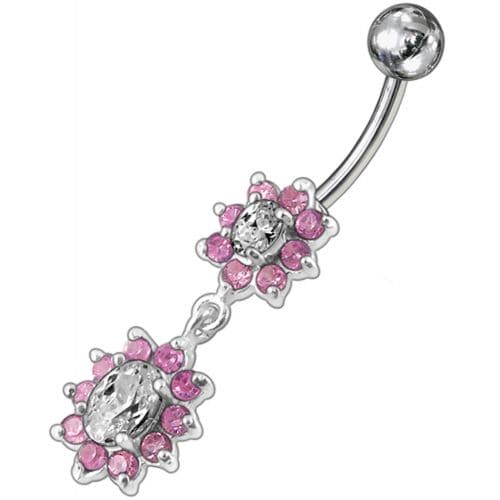 925 Sterling Silver Fancy Double Flowered Dangling Navel Ring - Monster Piercing