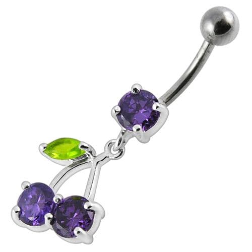 925 Sterling Silver Cherry Jewelled Fancy Dangling Belly Ring With SS Bar - Monster Piercing