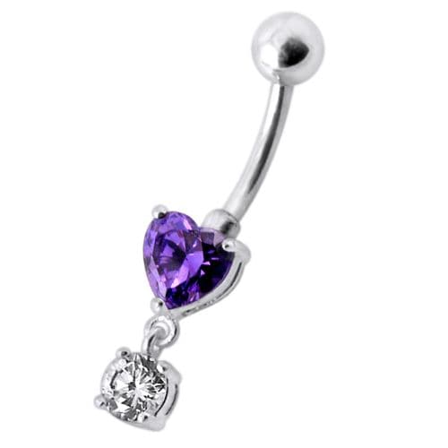 925 Sterling Silver Fancy Heart Shape Jewelled Dangling Navel Ring Body Jewellery - Monster Piercing