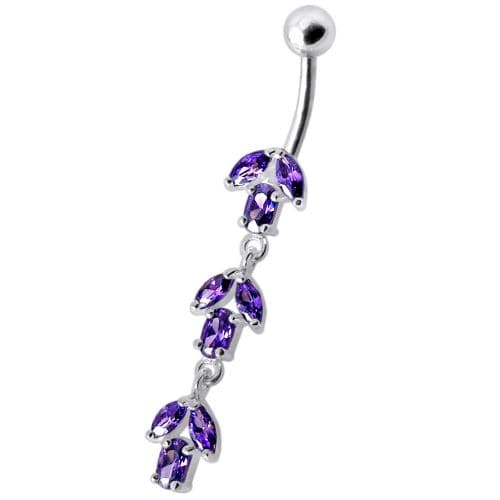 925 Sterling Silver Fancy Multi Stone Jewelled Leaf Dangling Navel Ring - Monster Piercing