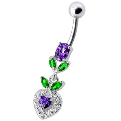 925 Sterling Silver Fancy Multi Stone Leafs With Heart Dangling Navel Ring - Monster Piercing