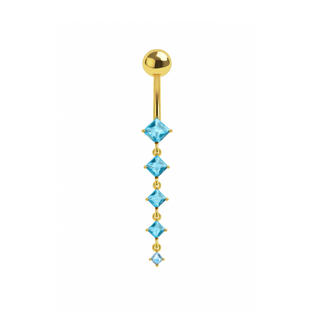 925 Silver Heart Belly Ring in gold plating with cascading blue CZ stones. Sterling silver dangling belly bar for elegant body jewelry style.