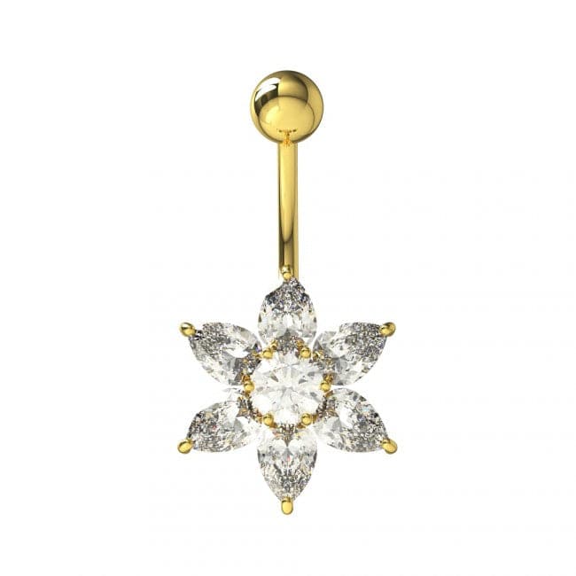 925 Sterling Silver Yellow Gold Plated Clear Jewel Flower Navel Belly Bar - Monster Piercing