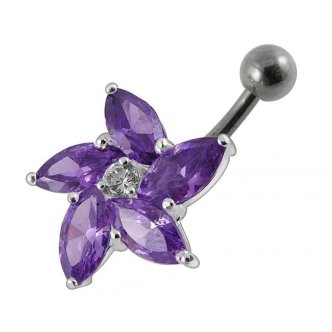 925 Sterling Silver Jewelled Flower With SS Curved Non-Moving Belly Ring - Monster Piercing
