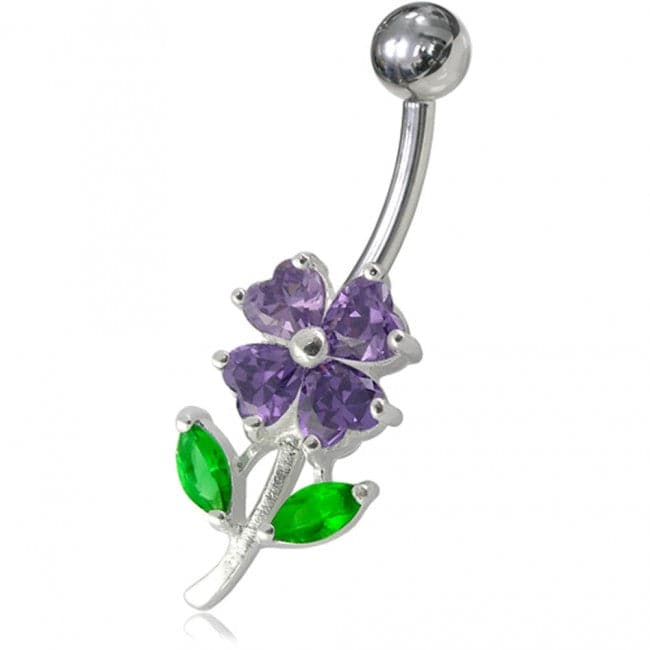 925 Sterling Silver Jewelled Flower Leaf Non-Moving Belly Ring - Monster Piercing