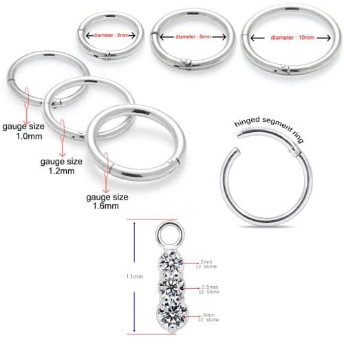 925 Sterling Silver Triple CZ Jewelled Drop Hinged Clicker Earrings - Monster Piercing