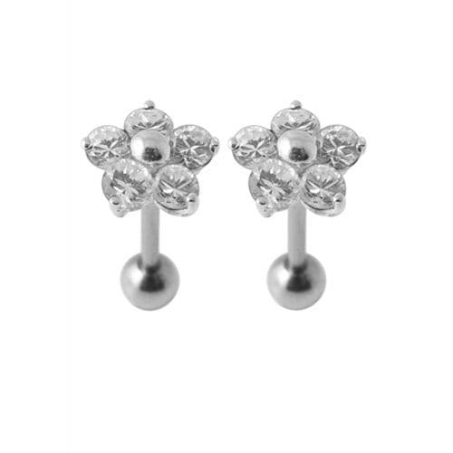 Jeweled Daisy Silver Ear Plug - Floral Charm with clear stones, made from 925 sterling silver and ball back, elegant addition to jewelry sets.