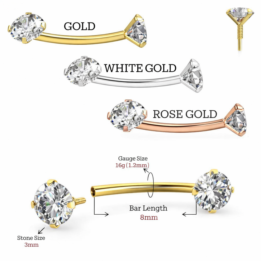 9K Gold Internally Threaded Round CZ Jewelled Curved Bar