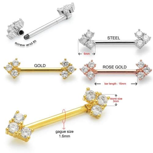 316L Surgical Steel Tri-Jewelled Arrow CZ Nipple Bar Color Options