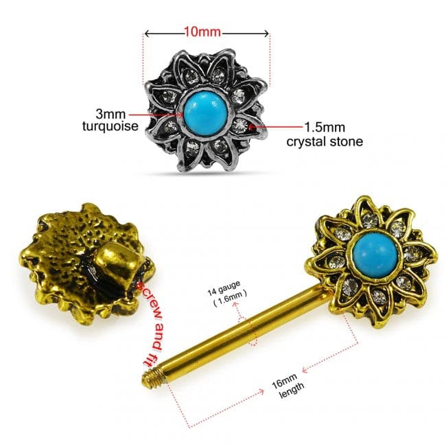 316L Surgical Steel Flower Jewelled Turquoise Bead Nipple Bar - Monster Piercing