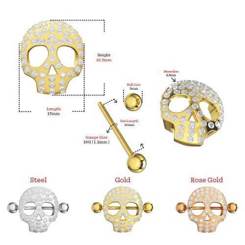 316L Surgical Steel Jewelled Skull Nipple Bar - Monster Piercing
