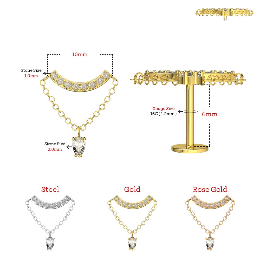 316L Surgical Steel Chain with Pear CZ Dangle Hidden Helix Flatback Stud - Monster Piercing